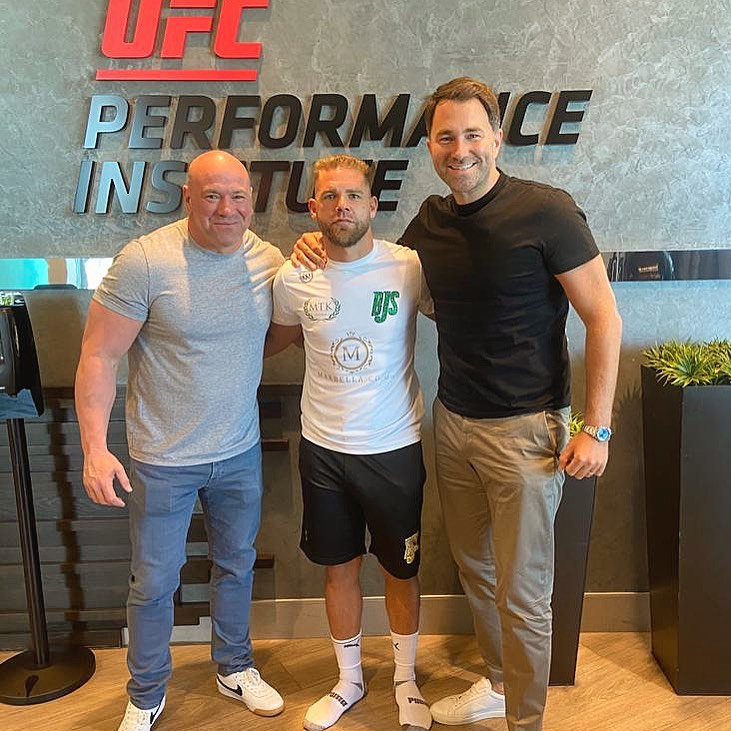 Eddie Hearn (right), pictured with Dana White and Billy Joe Saunders, is also in Las Vegas