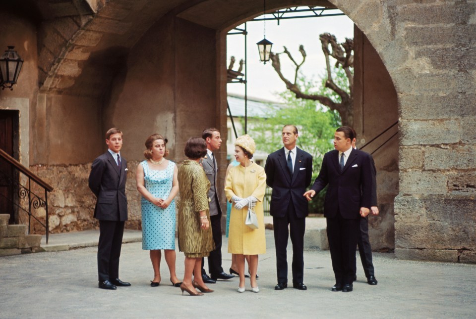 Pictured are members of the family (l-r) Prince Rupprecht, Princess Beatrix Zu Hohenlohe-Langenburg, Philip's sister Princess Margarita, Prince Albrecht, Queen Elizabeth, Prince Philip, and Prince Kraft Zu Hohenlohe-Langenburg at the Langenburg Castle during a trip to West Germany