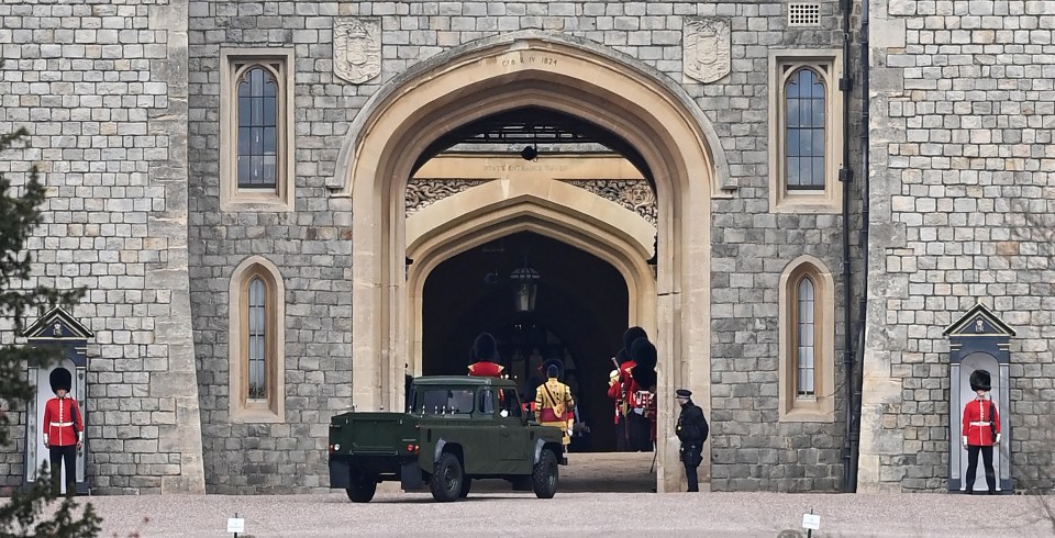 The green Land Rover that will carry Prince Philip's coffin arrives at Windsor Castle today