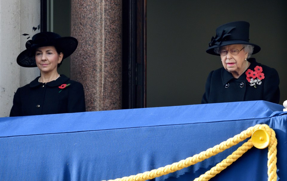 The late Queen with Lady in Waiting Susan Rhodes at Remembrance Sunday service in 2020