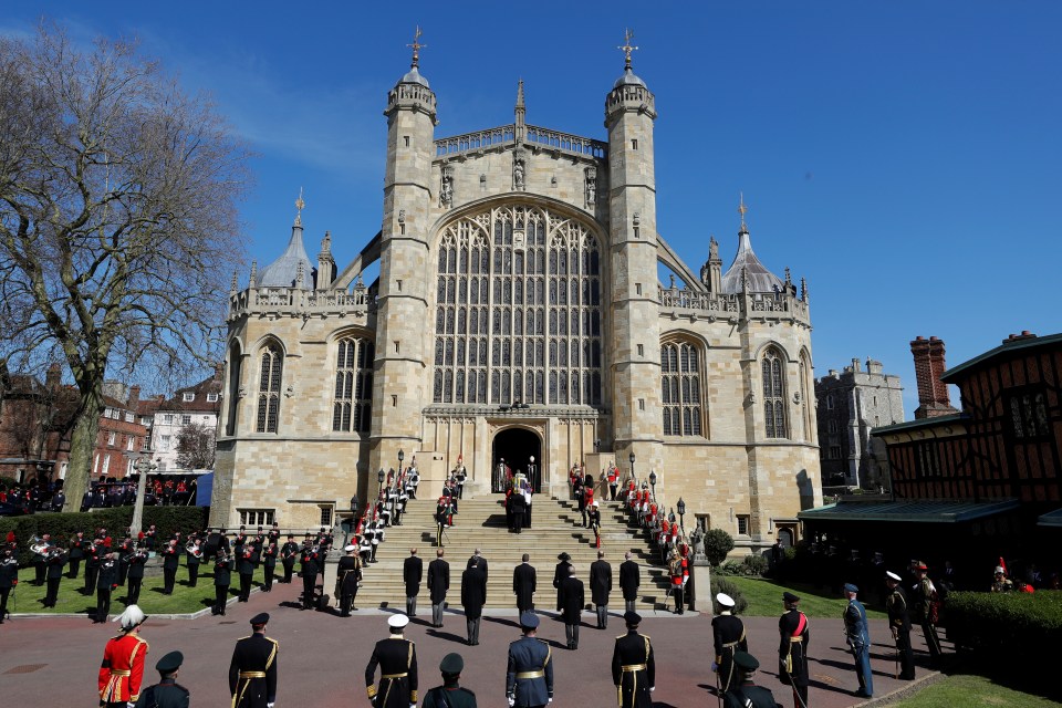 The coffin of Prince Philip is taken into St. George's Chapel for the funeral service