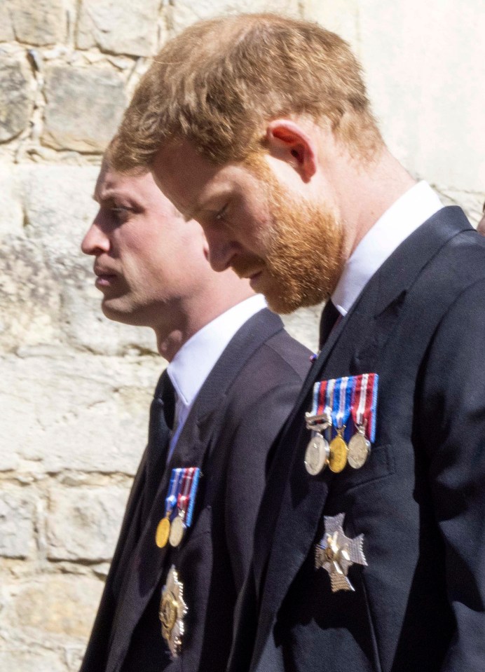 Prince Harry and William walking together behind Philip's coffin