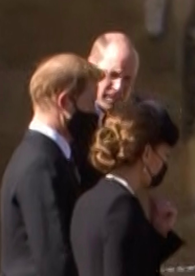 Prince Harry, William and the Duchess of Cambridge deep in conversation after the funeral