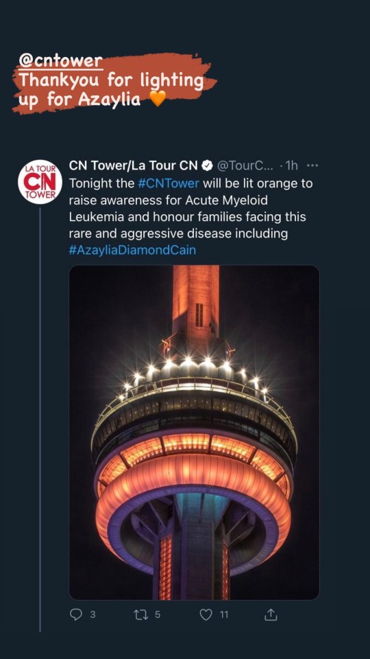 The CN Tower in Toronto also turned orange — the colour of the acute myelogenous leukaemia awareness ribbon