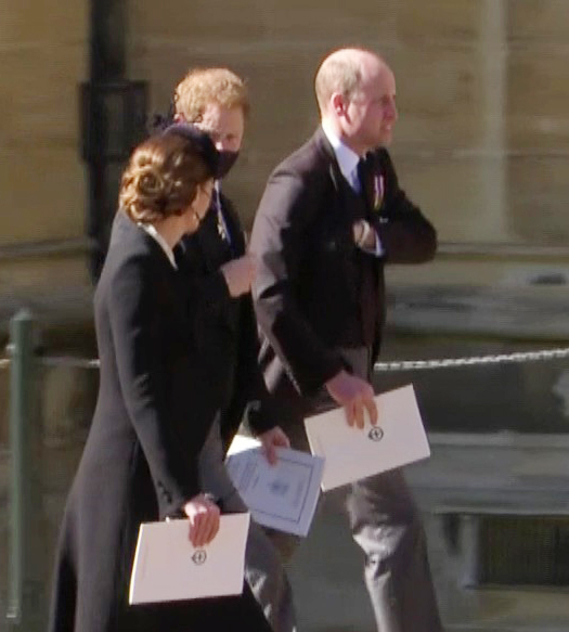 Harry was seen talking with William and the Duchess of Cambridge as the group left the moving funeral