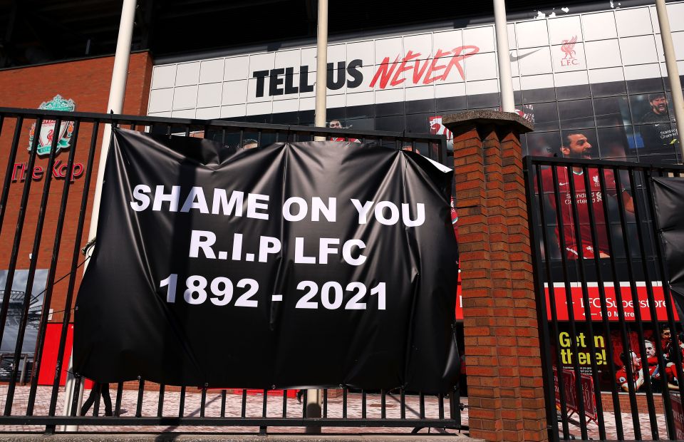 Liverpool fans hung banners around Anfield in protest of the European Super League