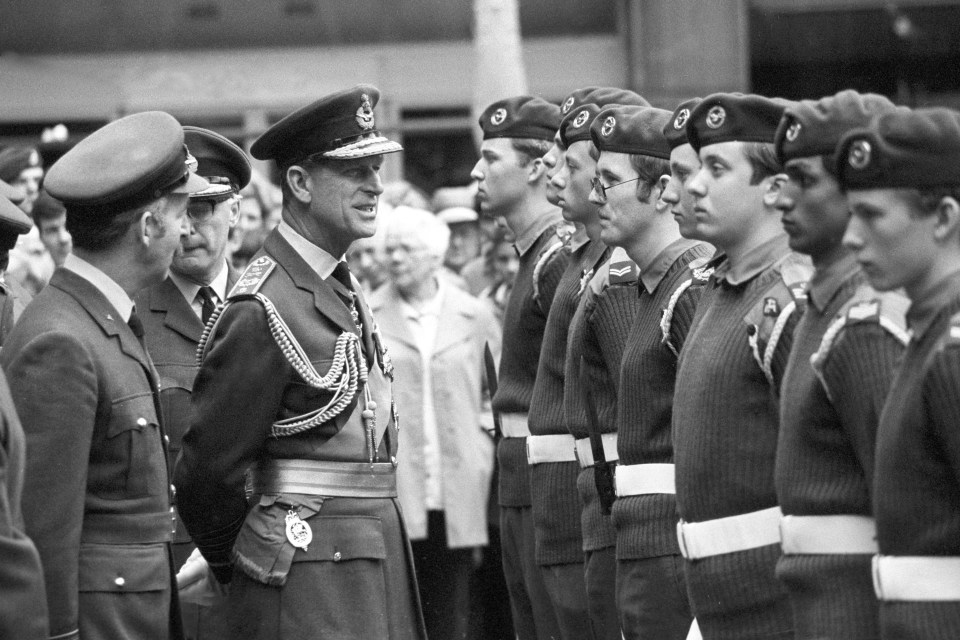 The Duke of Edinburgh inspecting Air Cadets outside St Clement Dane's Church in Fleet Street in the 70s