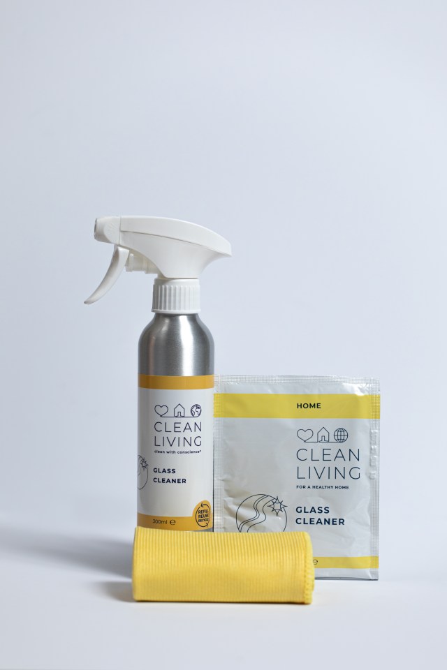 Clean Living’s glass cleaner starter pack features a reusable aluminium container