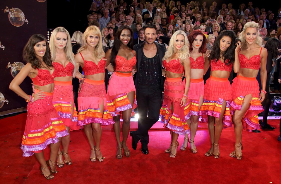 (left-right) Janette Manrara, Ola, Aliona Vilani, Peter Andre, Kristina Rihanoff, Joanne Clifton, Karen Clifton and Natalie Lowe on Strictly in 2015