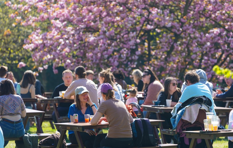 Friday lunchtime drinkers make the most of the sunny weather and the easing of lockdown at the Fox on the Hill pub in South London