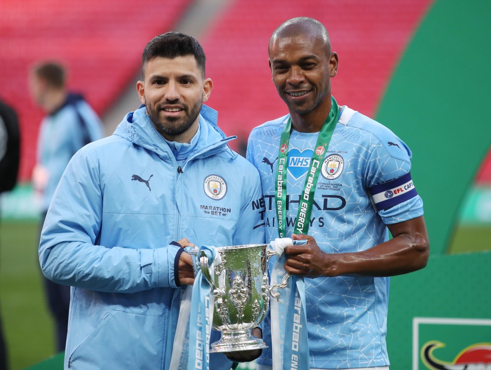 Sergio Aguero didn't make it off the bench but got his hands on yet another City trophy