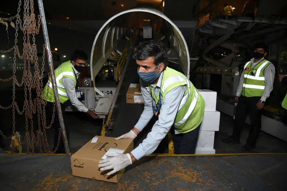 Medical supplies from the UK arrive at New Delhi airport last night