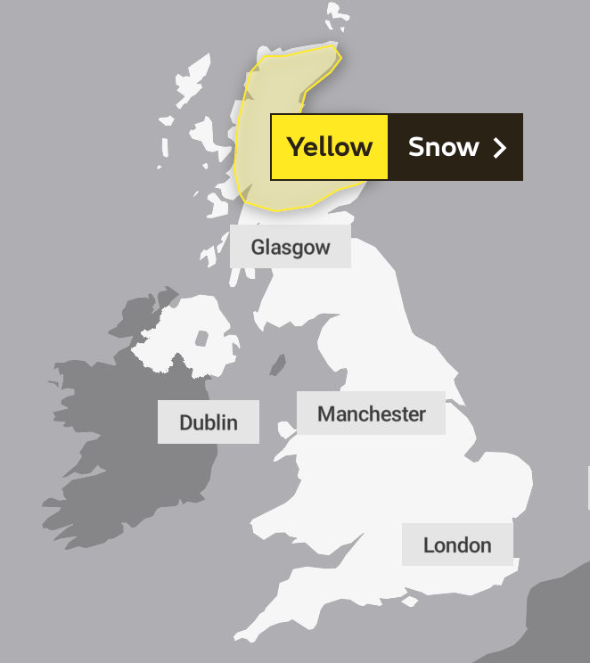 There is a yellow weather warning in place for snow on Sunday and Monday