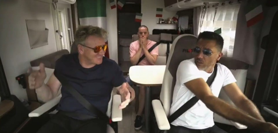 Gordan Ramsey and Fred Sirieix watched on as Gino crashed the caravan