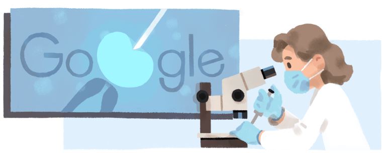 Anne McLaren's Google Doodle shows her working using a microscope