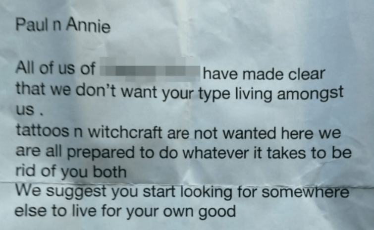 This letter was posted through the couple’s letterbox