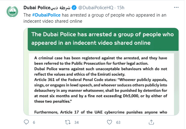 Dubai police said those in the video have been arrested