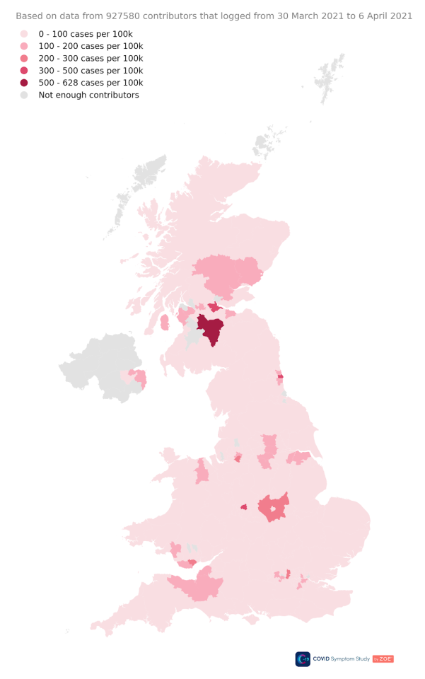 The map above shows how prevalent Covid infections are in the UK. The areas shaded in dark pink are where higher infection rates are being seen