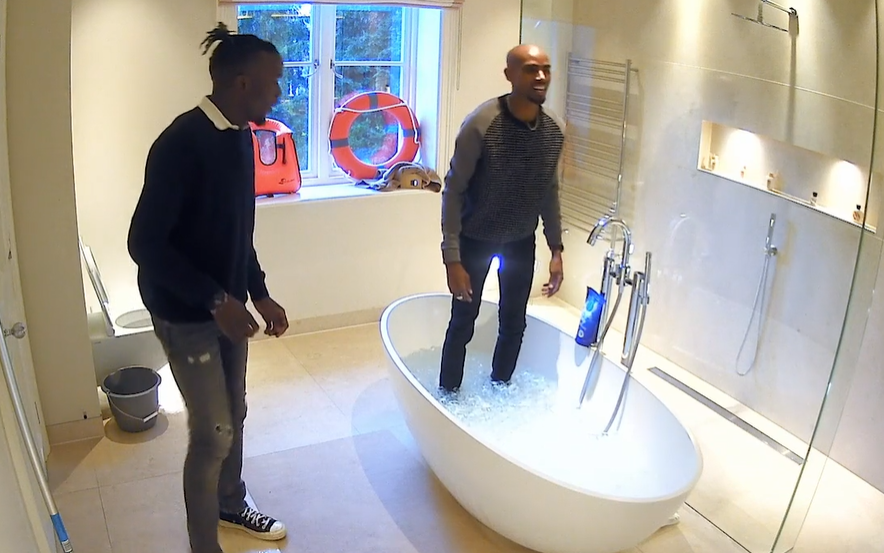 Mo Farah stepped into the ice bath first