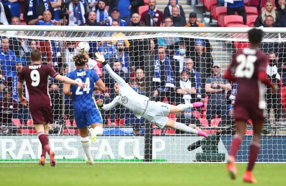 Chelsea keeper Kepa Arrizabalaga paws the air in vain as Youri Tielemans thunders his historic goal for the Foxes at Wembley