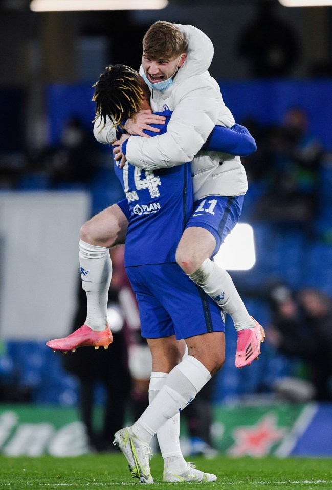 Timo Werner gets a lift from late sub Reece James as Chelsea celebrate earning a Champions League final with Man City