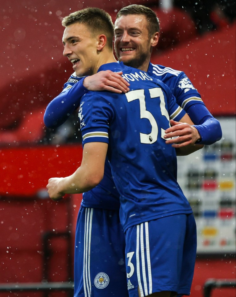 Jamie Vardy helps Foxes left-back Luke Thomas celebrate his early breakthrough