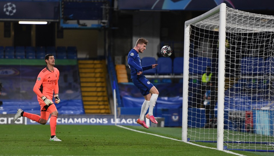 Timo Werner heads the breakthrough goal for Chelsea on 28 minutes as ex-Blues keeper Thibaut Courtois watches on in vain