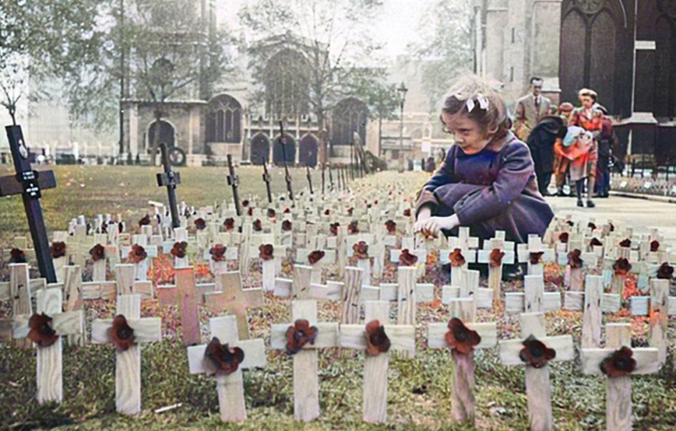 Winston Churchill’s granddaughter, Celia Mary Sandys, looking at the Empire Field of Remembrance in Westminster in 1947