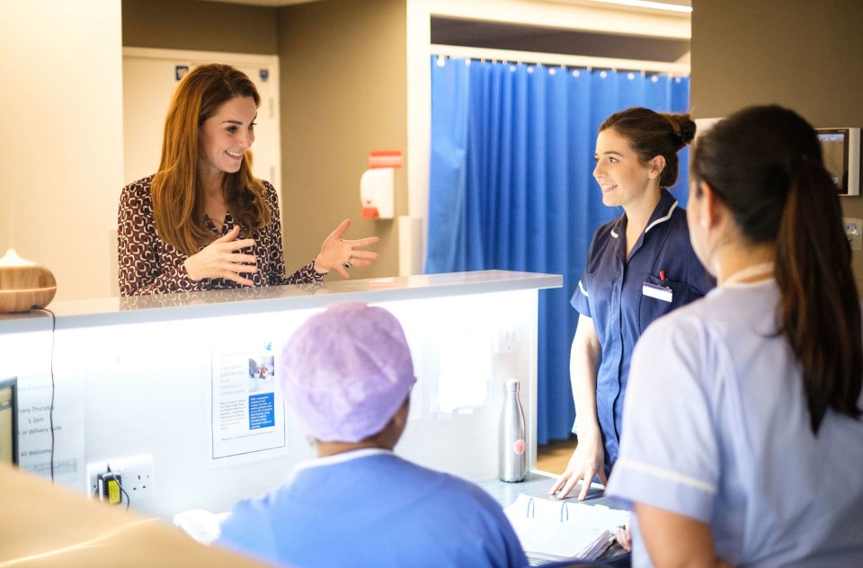 Kate speaking to nurses on a visit to Kingston Hospital’s Maternity Unit in 2019