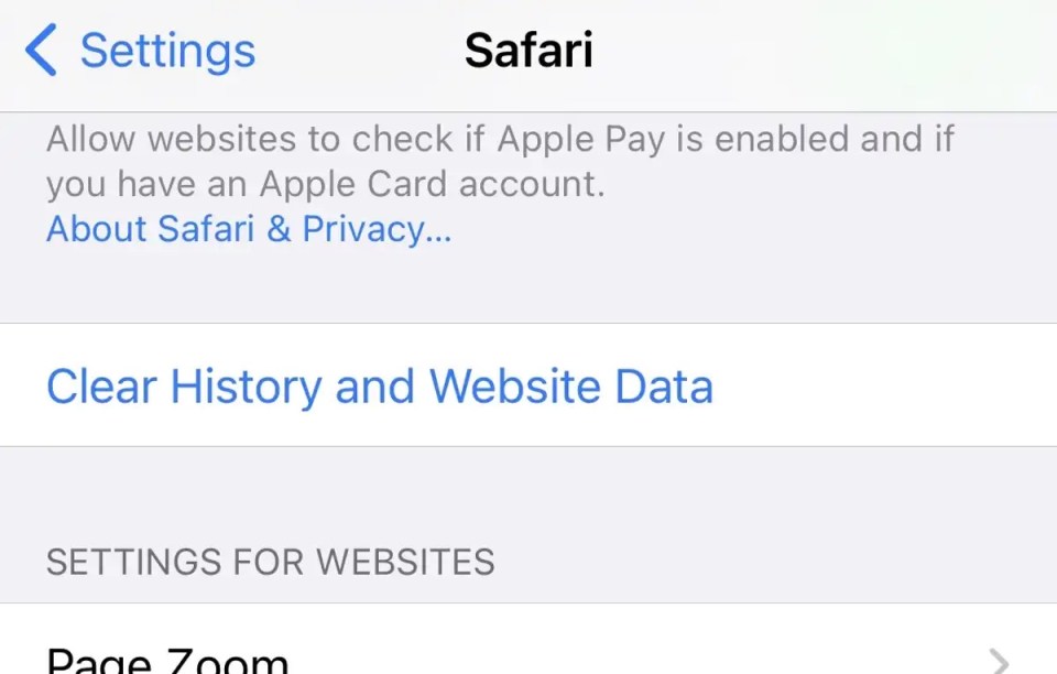 From the Settings menu, scroll down to Safari and select ‘Clear History and Website Data’