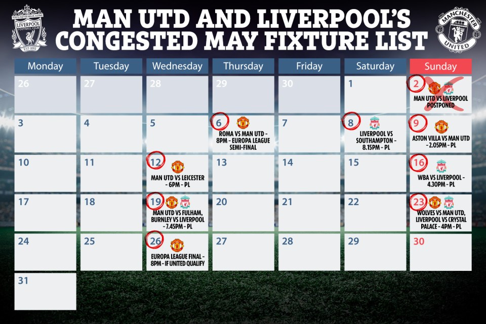 How the May calendar looks for both Manchester United and Liverpool as it stands