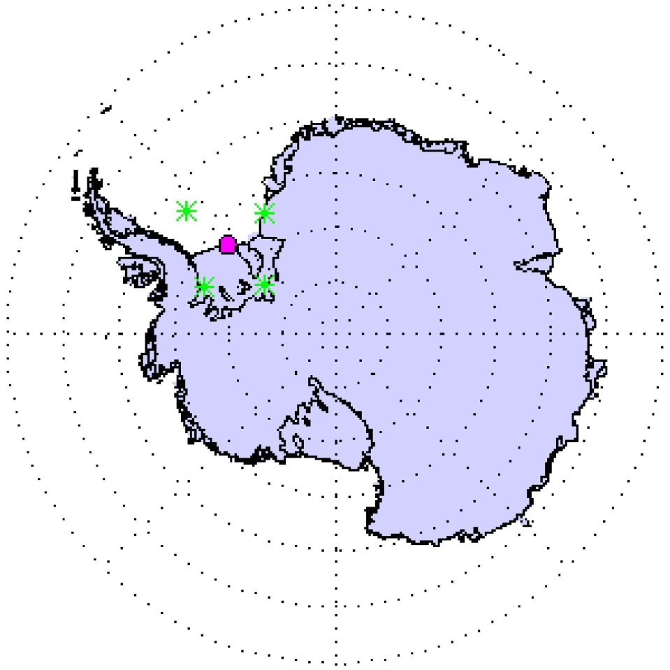 Map of Antarctica showing the location (purple dot) of the Ronne ice shelf