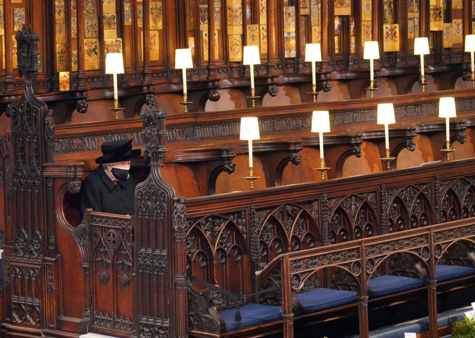 Her Majesty sat on her own at Philip's funeral in April