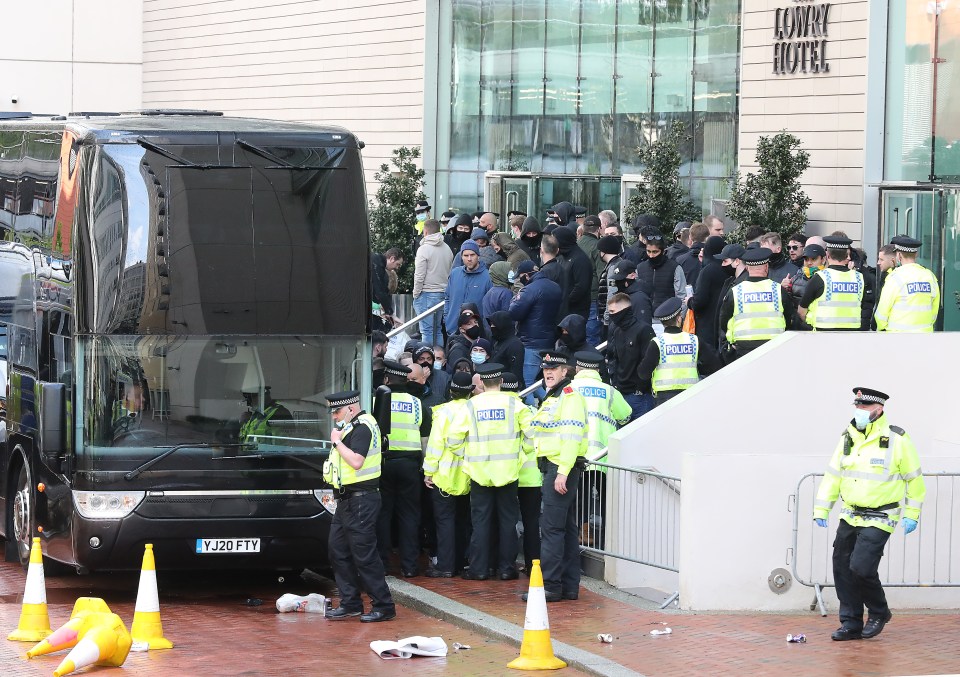 Angry fans blocked the Lowry Hotel entrance ahead of United's match