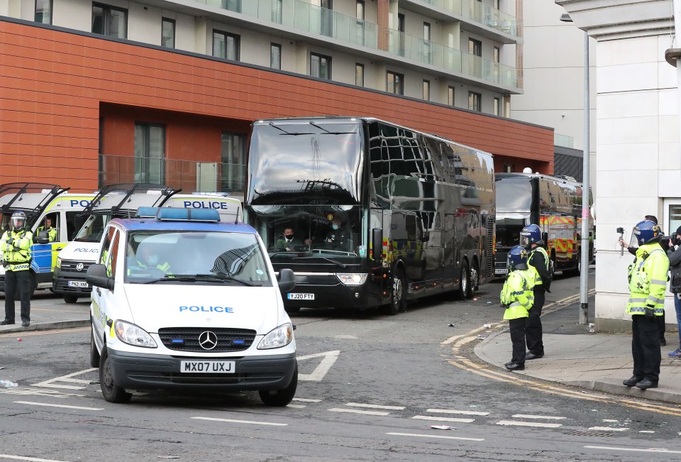 United were given a police escort to leave the Lowry Hotel at 7.15pm