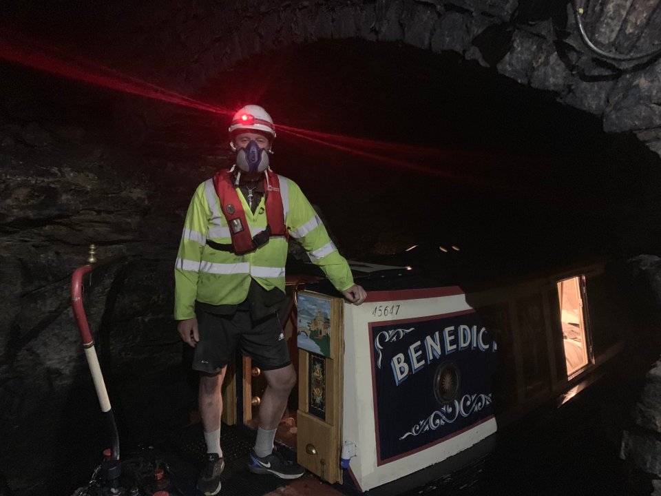 Jonny piloting his boat through the 5km Standedge Tunnel through the Pennines