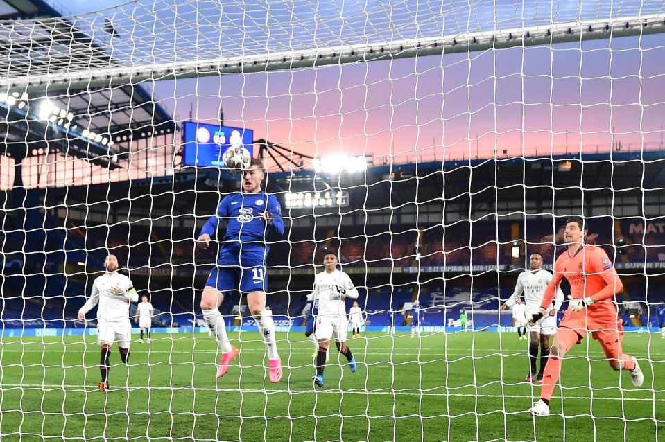 Thibaut Courtois and Real Madrid defenders see Timo Werner poach the Chelsea opener after Kai Havertz's shot hit the bar