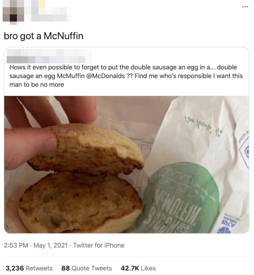 He said he was ‘gutted’ when it turned up without the vital ingredients – and posted about his experience on Twitter, where social media users branded the meal a ‘McNuffin’