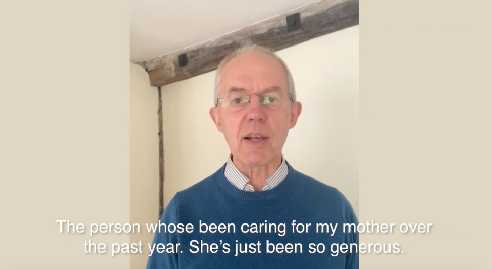 Archbishop of Canterbury Justin Welby says he would like to thank the person who cared for his mother for the past year