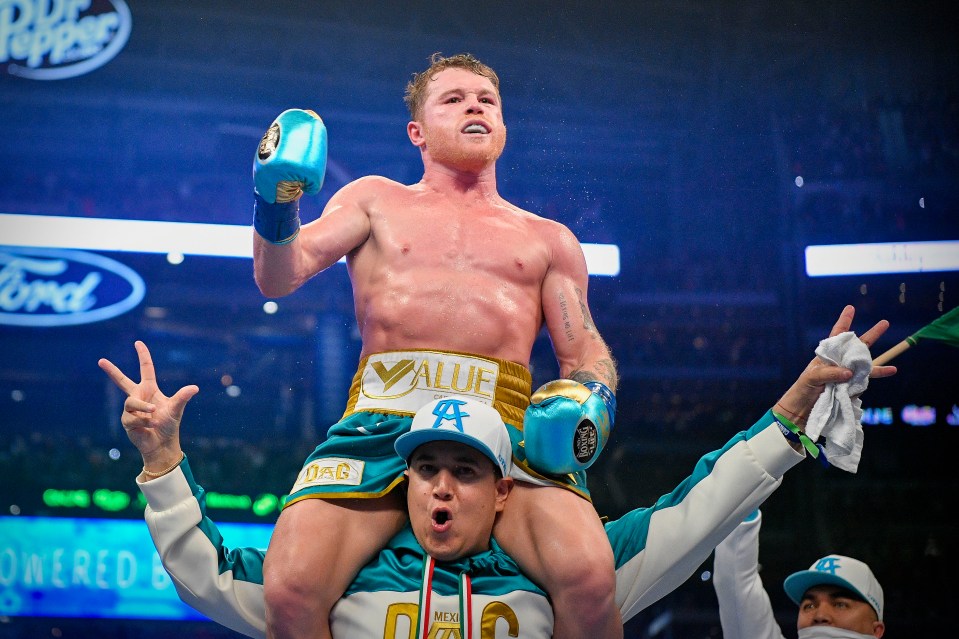 Canelo celebrates his latest victory - his seventh over British opposition