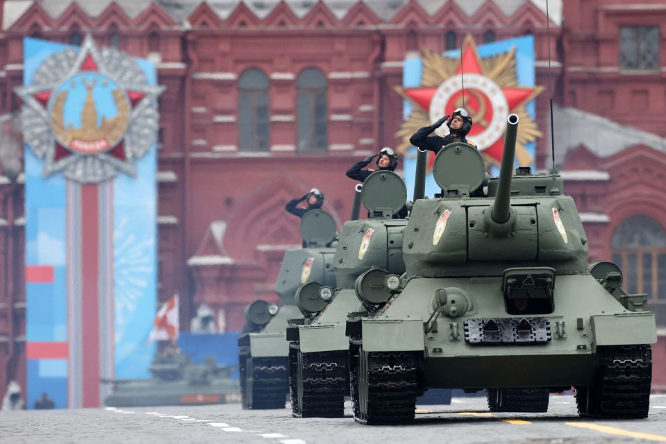 Historic T-34 tanks move through Red Square during the Victory Day military parade in Moscow