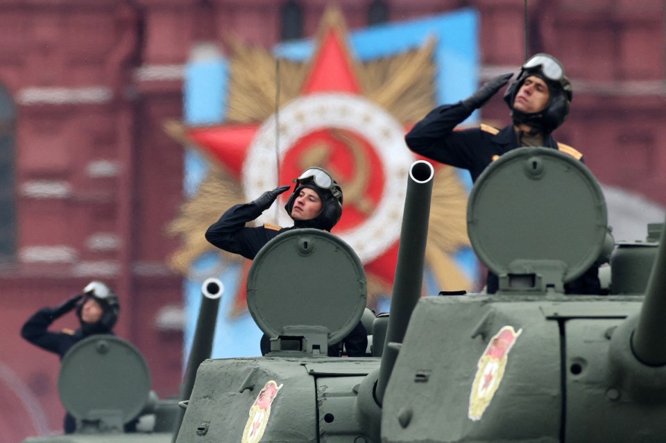 Historical T-34 tanks move through Red Square during the Victory Day military parade