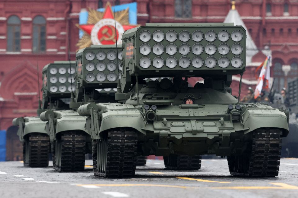 Russian TOS-1A multiple rocket launchers move through Red Square during the Victory Day military parade