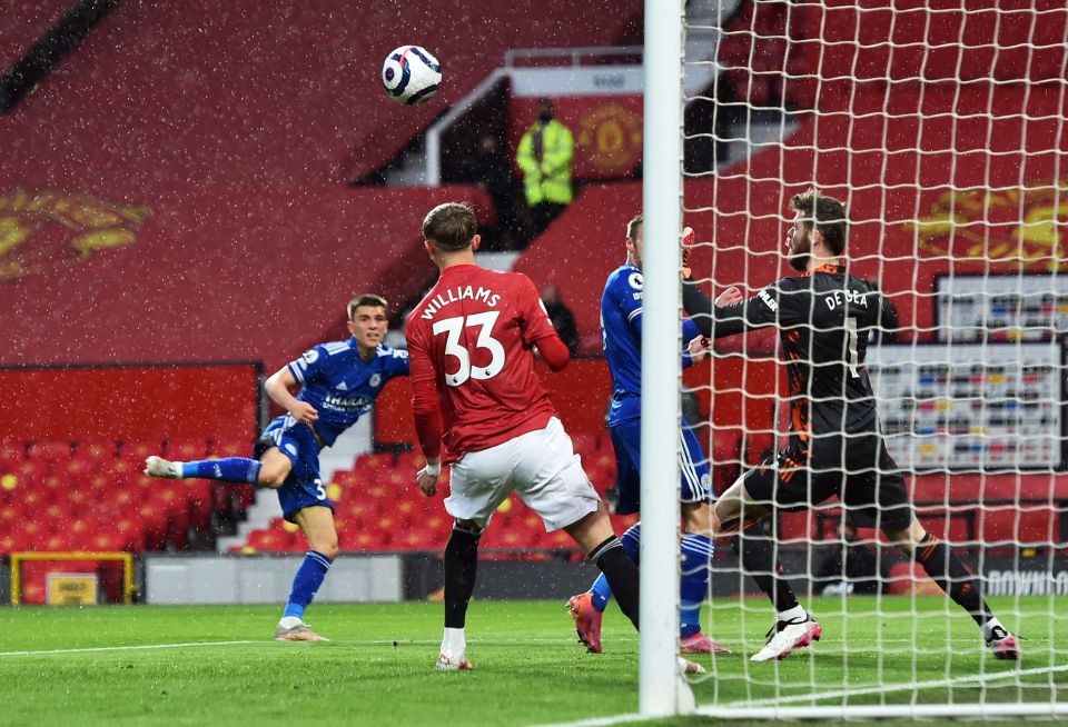 Luke Thomas volleys a spectacular opener for Leicester at Old Trafford