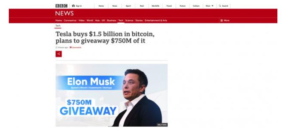 A Bitcoin scam site setup to look like the BBC homepage advertising a fake Elon Musk giveaway