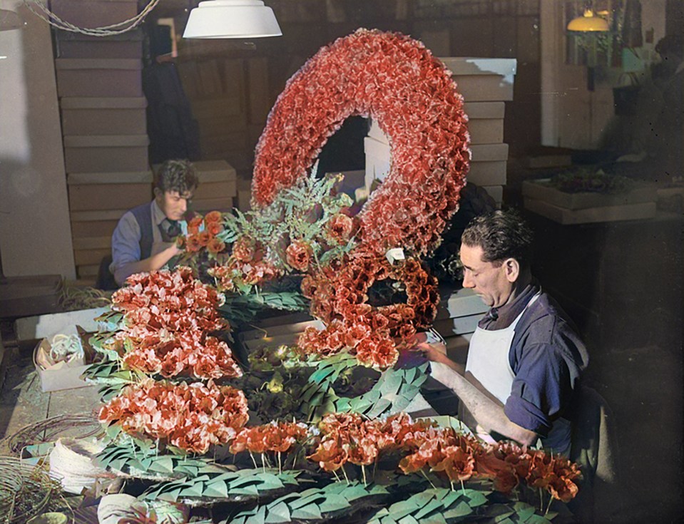 Jack Thorne and a pal make a wreath at the Legion’s poppy factory, Richmond, South West London, in 1948