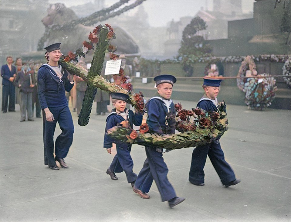 Naval cadets from Deptford go to place a British Legion wreath on the Nelson Column, Trafalgar Square