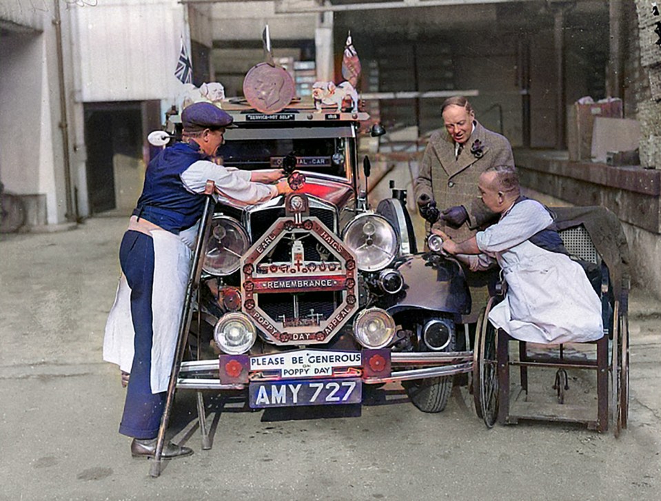 Captain Leonard Baynes, a well-known champion of ex-servicemen, stars a tour of Britain in a decorated car, 1935