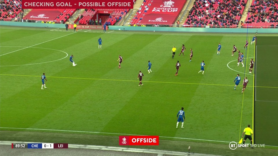 Ben Chilwell is ruled offside by the smallest of margins as he crossed the ball as VAR denied Chelsea a late leveller in the FA Cup final