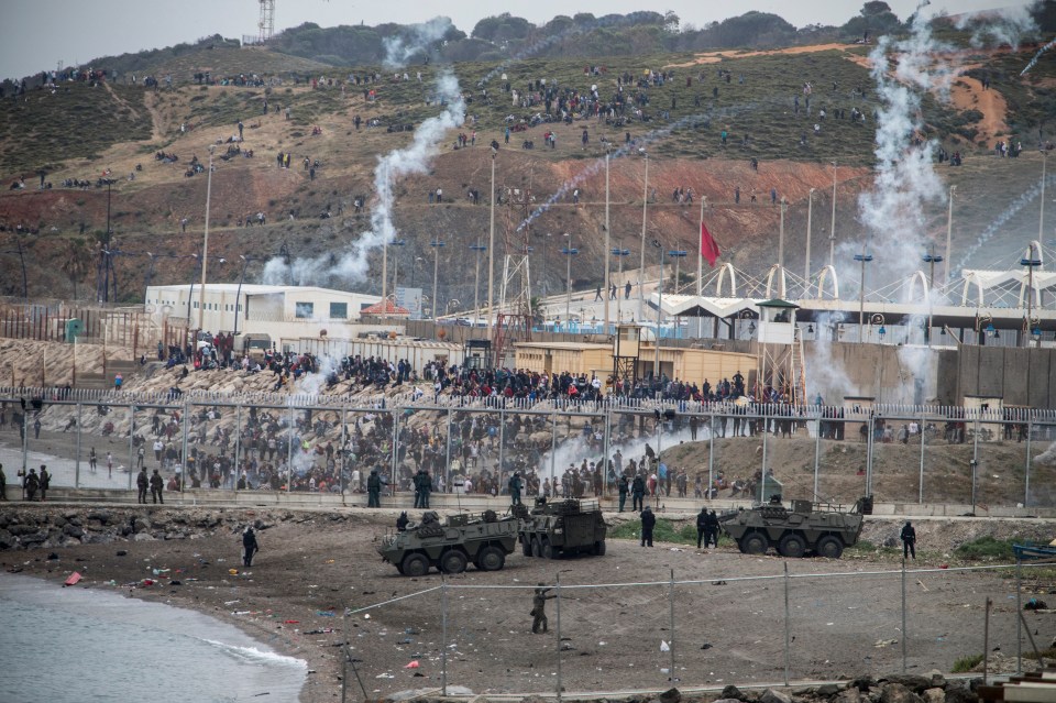 Spanish Army and Guardia Civil officers next to the border of Morocco and Spain